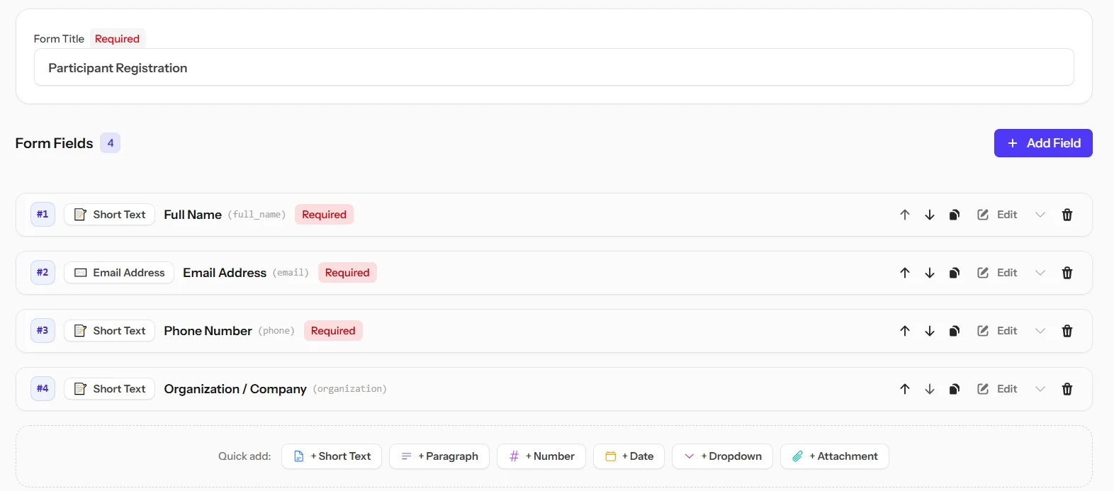 The form builder, listing the fields of a registration form