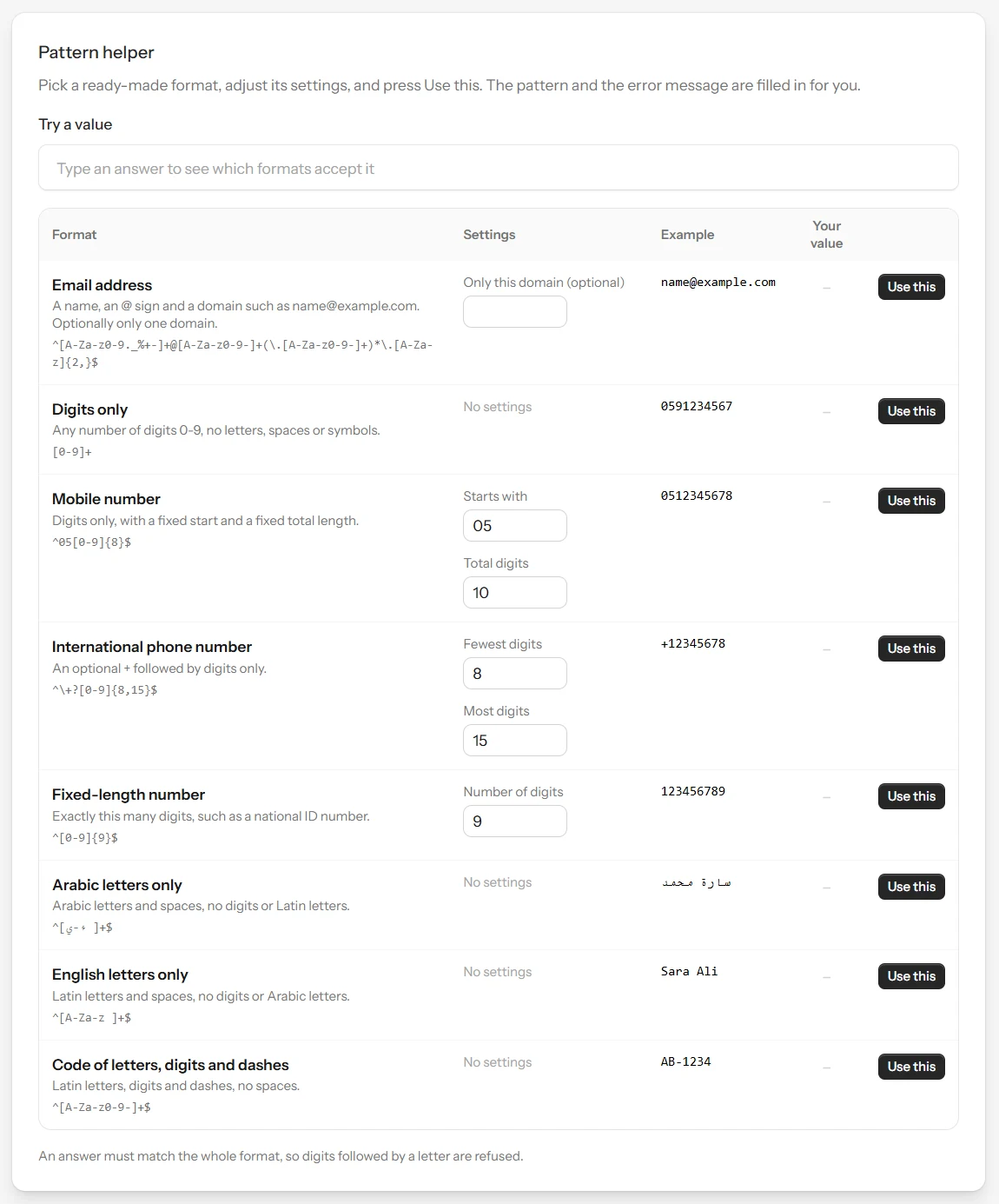The Pattern helper, listing ready-made formats such as email, mobile number and Arabic letters