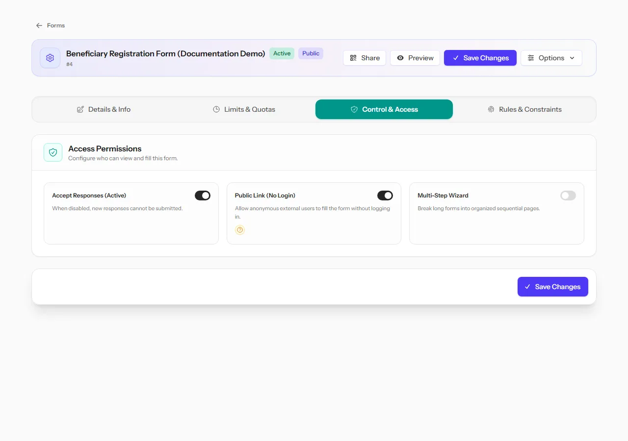 The Control & Access tab