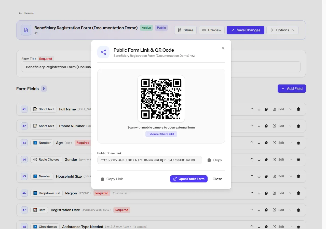 The public link and QR code