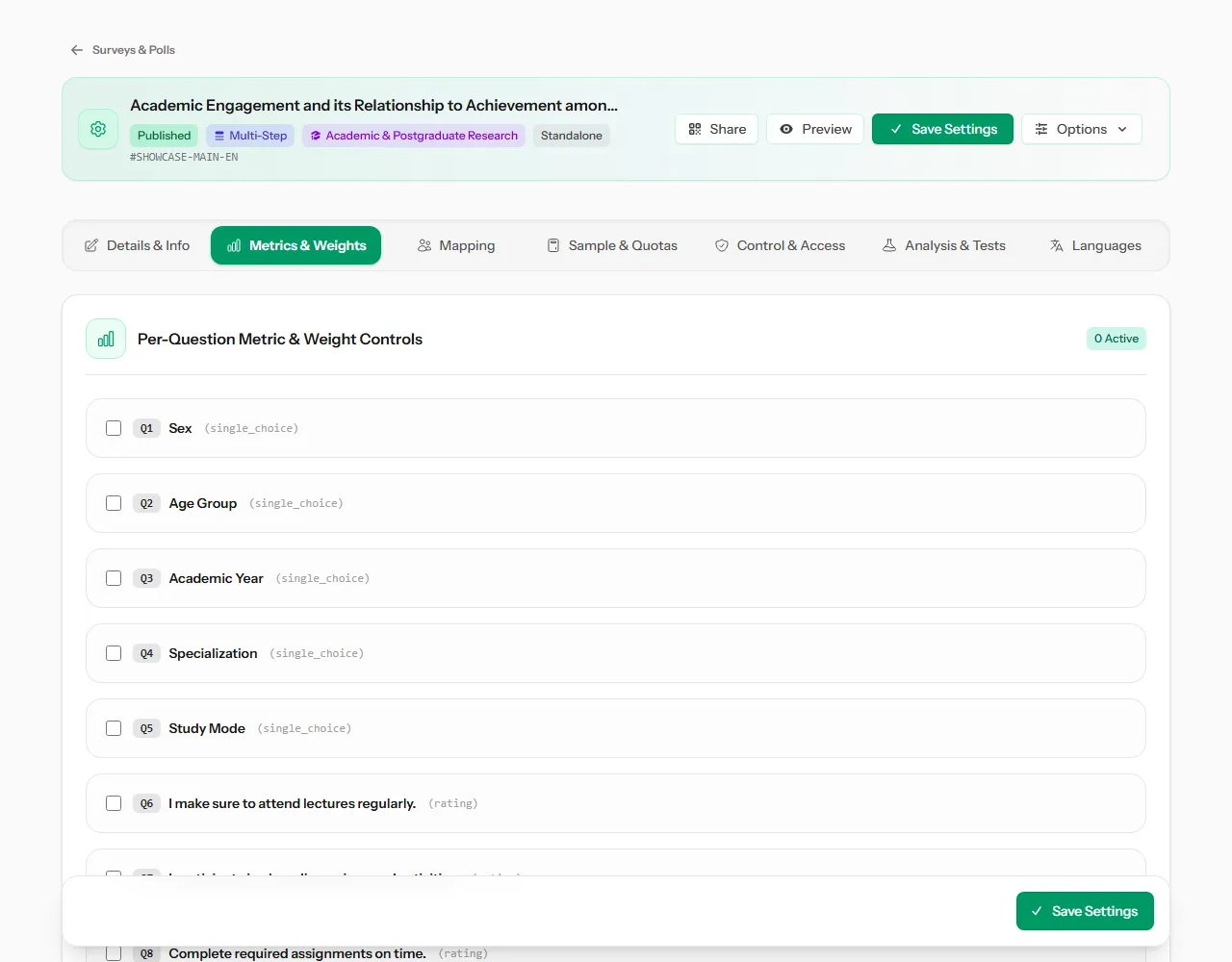 The Metrics & Weights tab